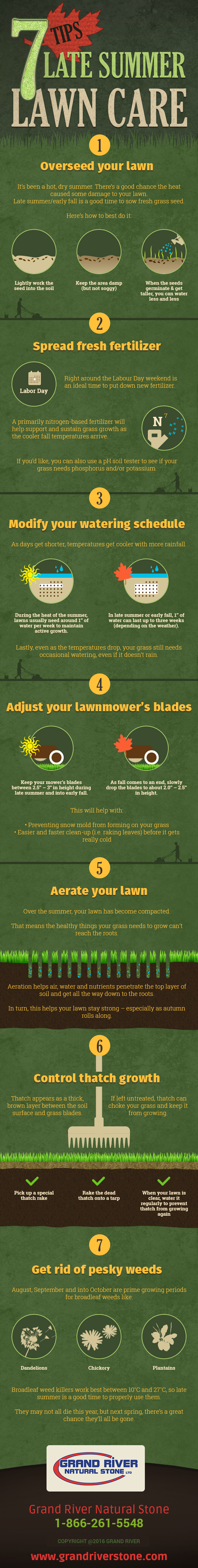 Late summer lawn care tips to keep grass healthy well into the fall. 7 detailed suggestions for maintaining a healthy long past the end of summer.