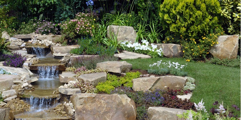 Water feature in a backyard